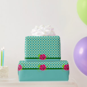 Aqua & Green Polka Dot Rosa Rose mit festem Band Geschenkpapier