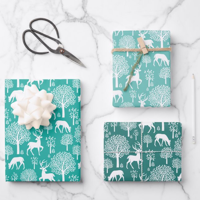 Aqua Green Rentier Weihnachtswrapping Paper Geschenkpapier Set (Vorderseite)