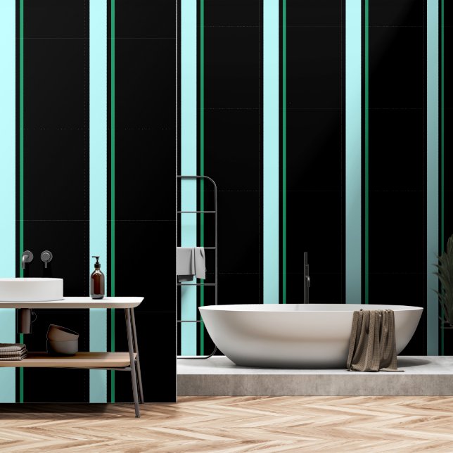 Aqua + Green Vertikal Streifen schwarz Tapete (Badezimmer)