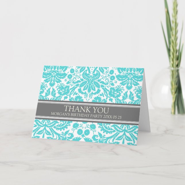 Aqua Grey Damask Carte de remerciements d'annivers (Devant)