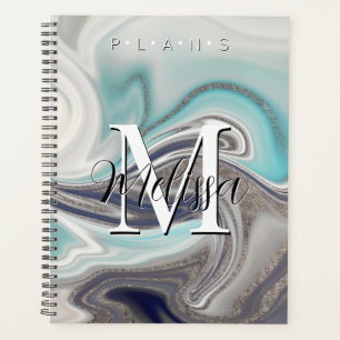 Aqua gris noir Monogramme Abstrait Planificateur