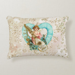 Aqua Heart Golden Cherub & Harp Bokeh Bling Dekokissen