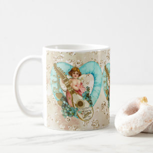 Aqua Heart Golden Cherub & Harp Bokeh Bling Kaffeetasse