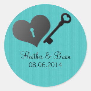 Aqua Heart Lock und Key Wedding Stickers