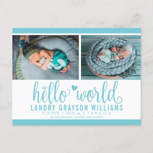 Aqua Hello World Foto Geburtsstat Ankündigungspostkarte
