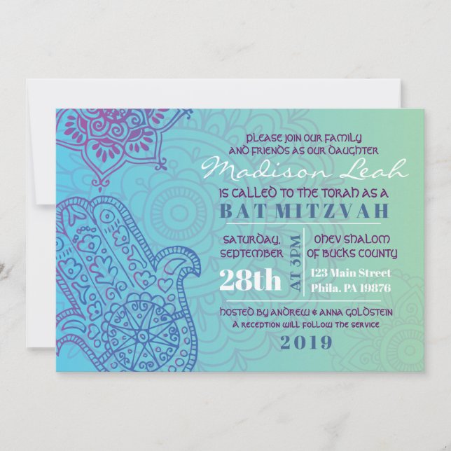 Aqua HEMSA HAND of GOD Bat Mitzvah Einladung (Vorderseite)