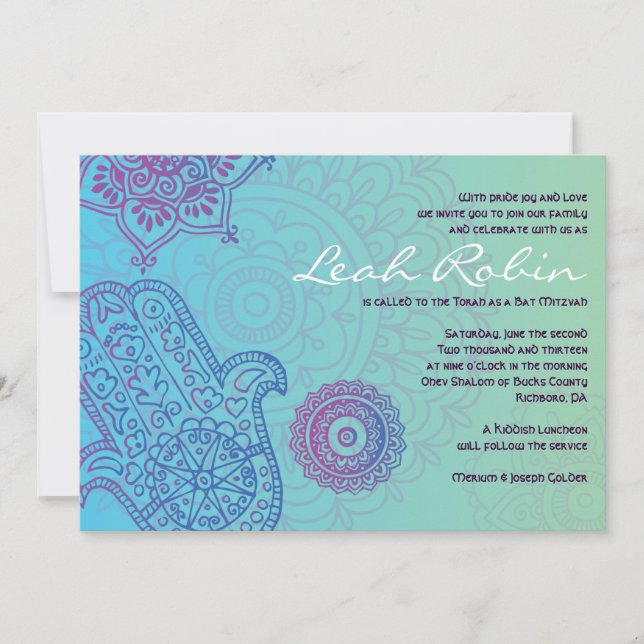 Aqua HEMSA HAND von GOTT Schläger Mitzvah Einladung (Vorderseite)