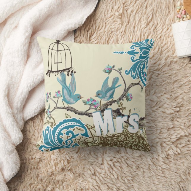 Aqua Hot Pink Birds Mrs Brides Pillow Kissen (Decke)