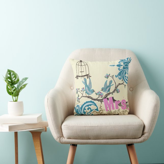 Aqua Hot Pink Birds Mrs Brides Pillow Kissen (Stuhl )