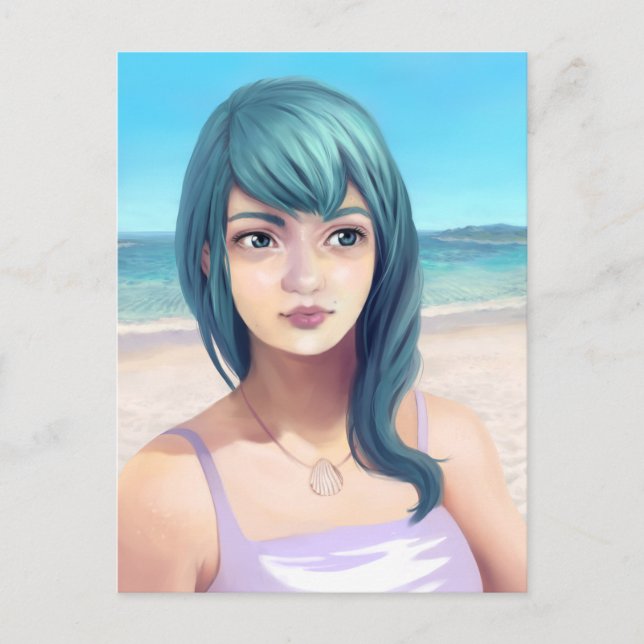 Aqua - Hübsches blauhaariges Mädchen am Strand Postkarte (Vorderseite)