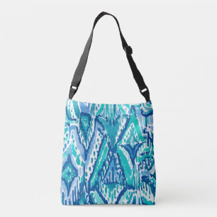 Aqua Ikat Fransen-Stammes- Aquarell-Druck Tragetaschen Mit Langen Trägern
