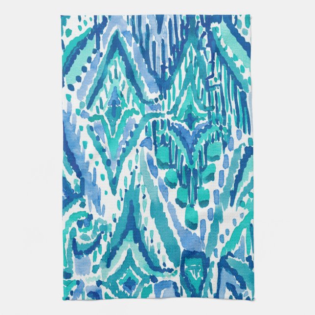Aqua Ikat Fransen-Stammes- Aquarell Handtuch (Vertikal)
