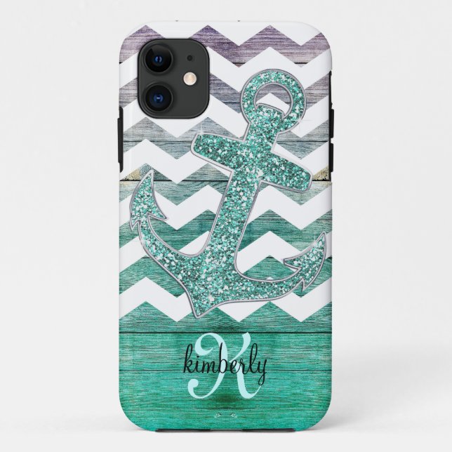 Aqua-Imitat-Glitzer-Anker-hölzernes Zickzack Case-Mate iPhone Hülle (Rückseite)