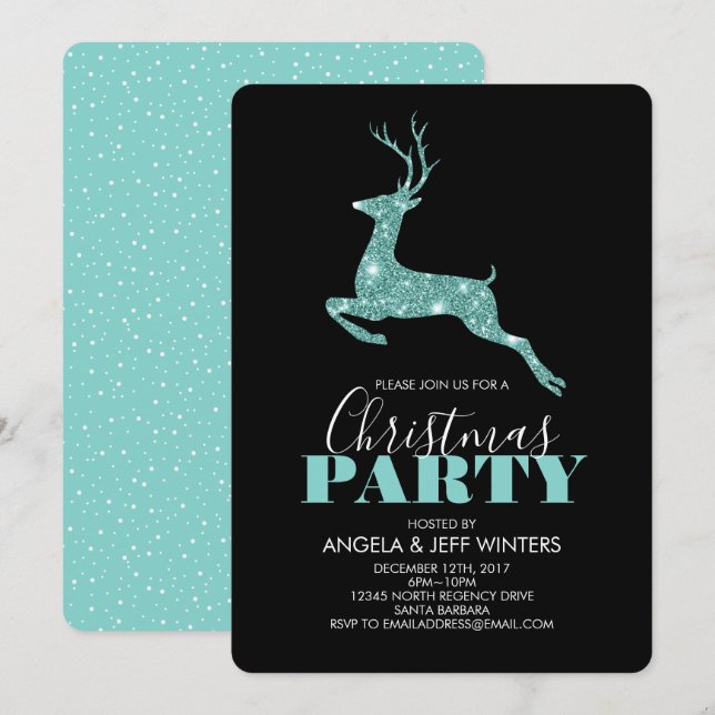Aqua-Imitat-Glitzer-Rotwild-WeihnachtsParty Einladung (Vorne/Hinten)