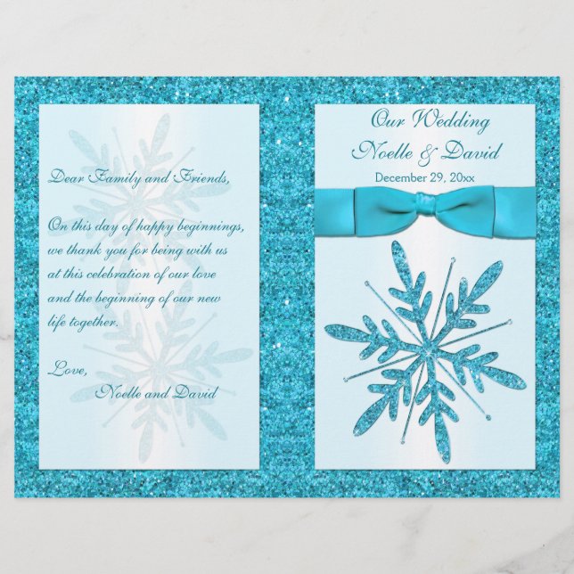 Aqua IMITATS Glitzer Snowflakes Hochzeitsprogramm (Vorderseite)