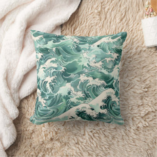 Aqua Japanische Ozeanwellen Meer Muster Kissen