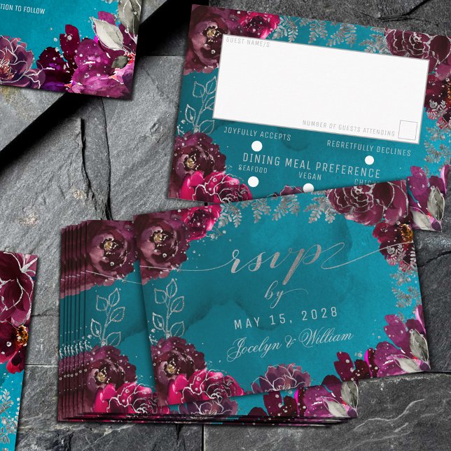 Aqua Joyau Merlot Turquoise Ton 3 Repas Choix RSVP (Aqua Teal Merlot Jewel Tone Wedding
RSVP Meal Choice)