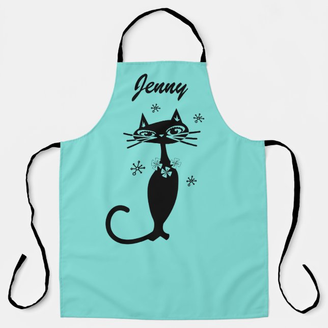 Aqua Kitchen Schürze mit Retro Atomic Cat (Vorderseite)