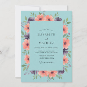 Aqua Korallen Botanische Aquarell Hochzeit Einladung