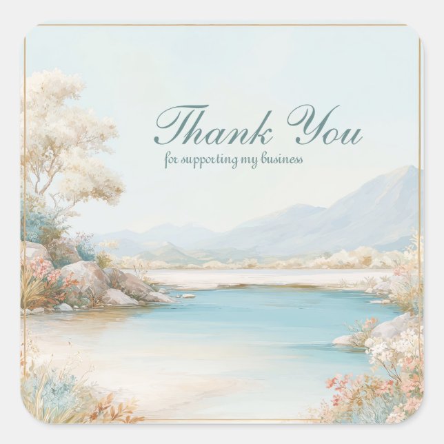 Aqua Lake Pastel Landscape Wildflower Gold Frame Quadratischer Aufkleber (Vorderseite)
