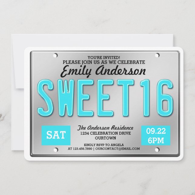 Aqua License Plate Sweet 16 Party Einladungen (Vorderseite)
