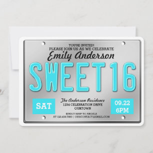 Aqua License Plate Sweet 16 Party Einladungen