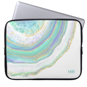 Aqua Lila Agate Marmormuster und Monogramm Laptopschutzhülle