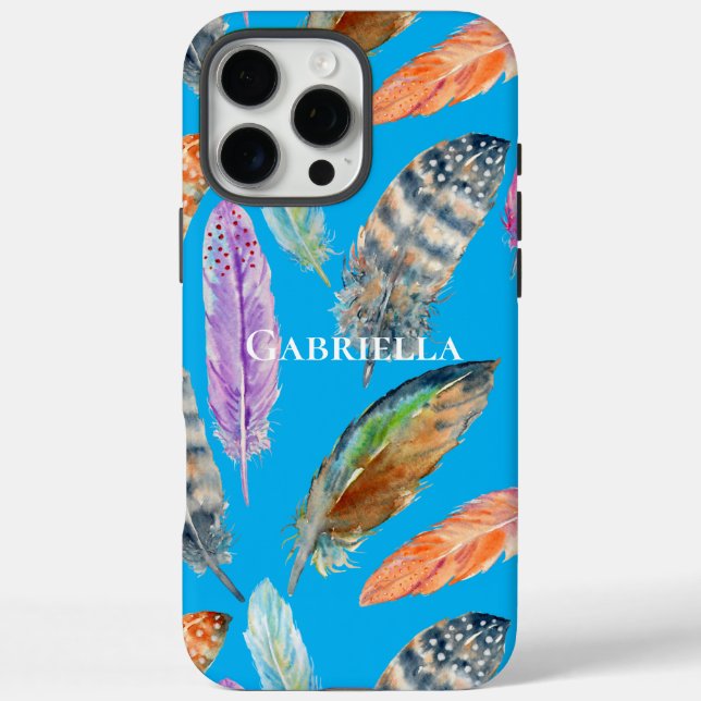 Aqua Lila Blue Orange Feathers iPhone 16 Pro Max Hülle (Rückseite)