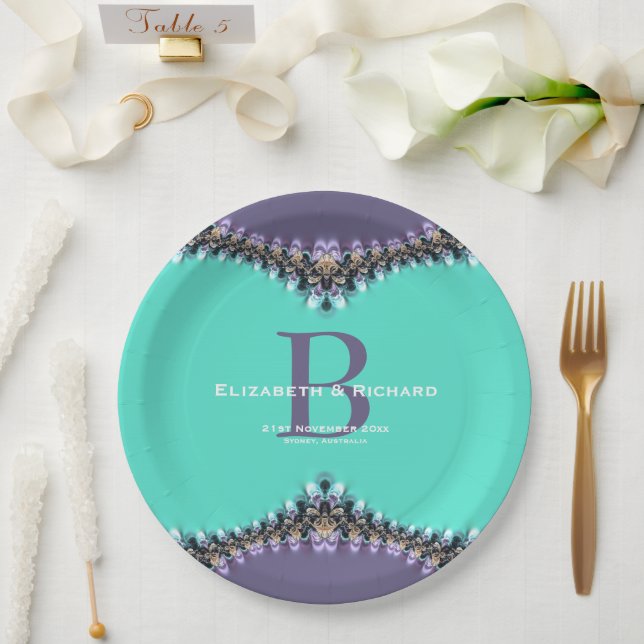 Aqua & Lila Lace Wedding Souvenir Plate Pappteller (Hochzeit)