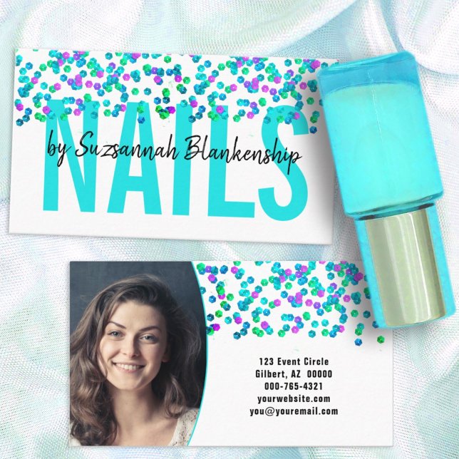 Aqua Lila Sequins Large Text NAILS Custom Visitenkarte (Von Creator hochgeladen)