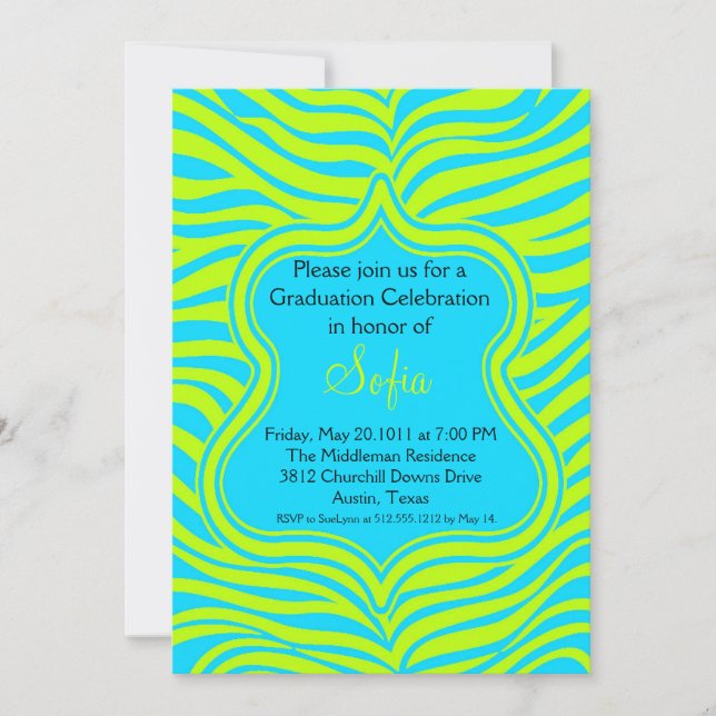 Aqua & Lime Green Zebra Abschluss Einladung (Vorderseite)