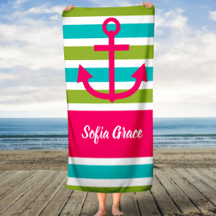 Aqua Limon Stripes Rosa Individuelle Name Handtuch Badehandtuch