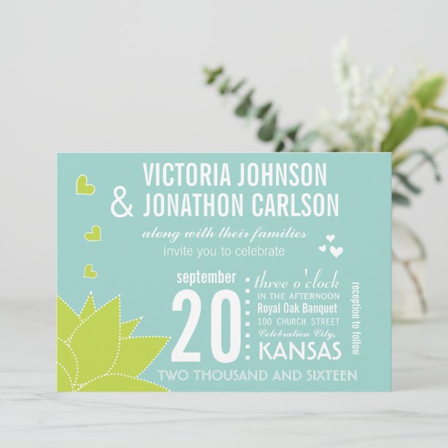 Aqua Limon Sukkulent Moderne Typografie Hochzeit Einladung (Stehend Vorderseite)