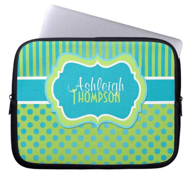 Aqua Limoner weißer Polka Dot Streifen Laptop-Sieb Laptopschutzhülle (Vorderseite)