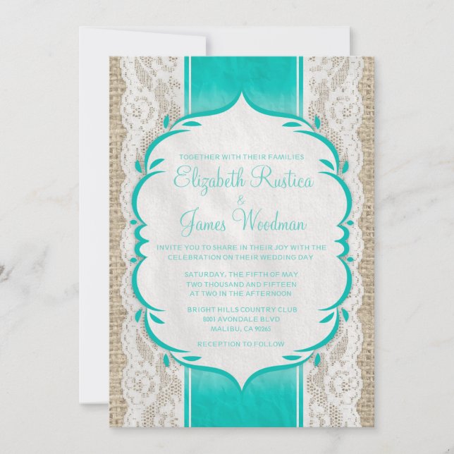 Aqua Linen Burlap & Lace Wedding Invitations (Devant)