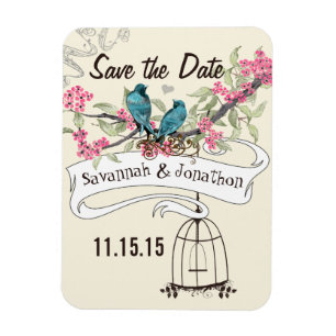 Aqua Love Birds Pinke Kirschblüten Save-the-Date Magnet