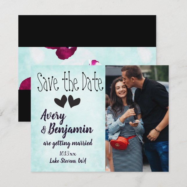 Aqua, Magenta, Save the Date Karte mit schwarzen H (Vorne/Hinten)