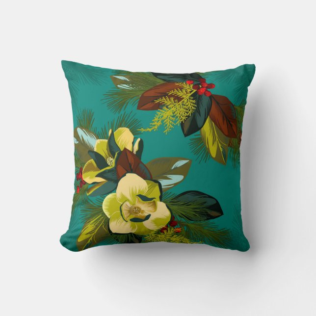 Aqua Magnolia Floral Print Winter Throw Kissen (Vorderseite)