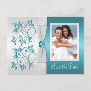 Aqua-Marine und Silver Floral Foto Save the Date Ankündigungspostkarte