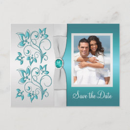 Aqua-Marine und Silver Floral Foto Save the Date Ankündigungspostkarte
