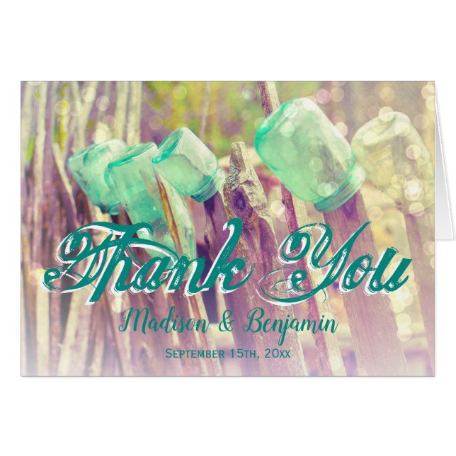 Aqua Mason Jars Fence Post Mariage Merci Cartes (Devant Horizontal)