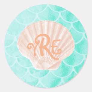 Aqua-Meerjungfrau stuft   Seashell-Monogramm ein Runder Aufkleber
