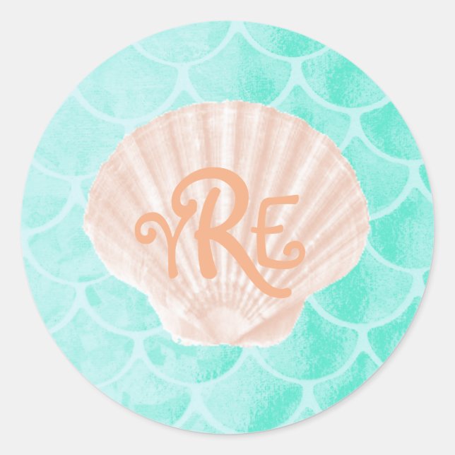 Aqua Mermaid Scales | Seashell Monogram Runder Aufkleber (Vorderseite)