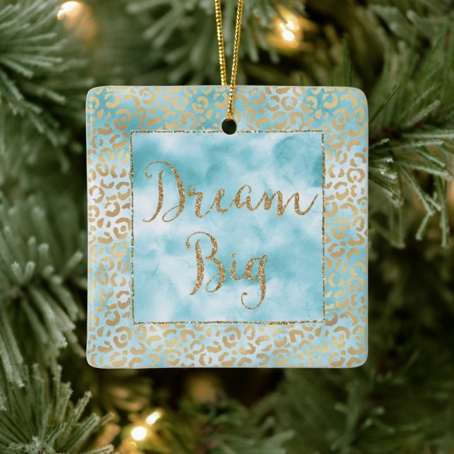 Aqua Mint Cream Gold Leopard Glitzer Traumstrecke  Keramikornament (Baum)