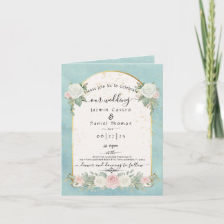 Aqua Mint Florale Goldene Bogen Hochzeit Einladung