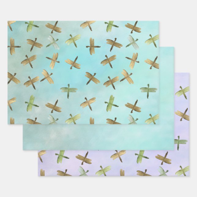 Aqua Mint Gold Dragonfis Wasserfarbe Geschenkpapier Set (Set)