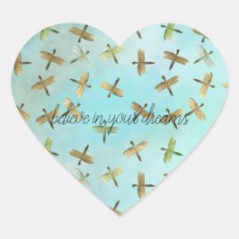 Aqua Mint Gold Dragonfly Glauben an Träume Herz-Aufkleber