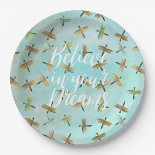 Aqua Mint Gold Dragonfly Glauben an Träume Pappteller