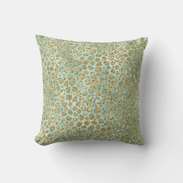 Aqua Mint Gold Glitz Glitzer Leopard  Kissen (Vorderseite)