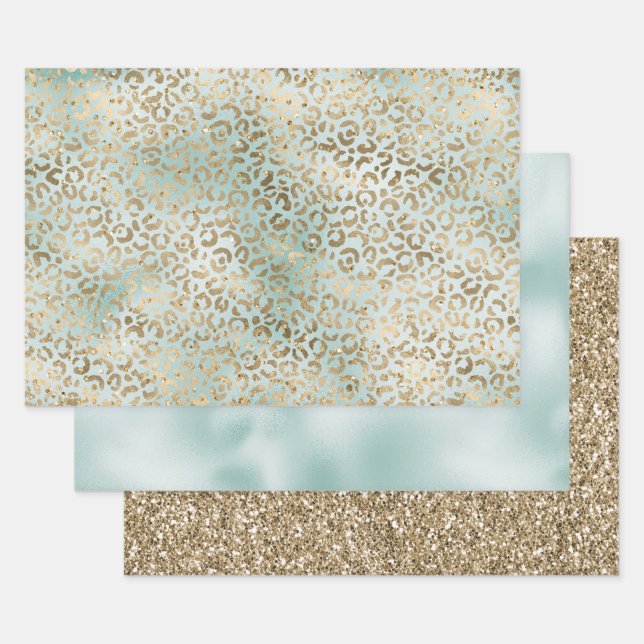 Aqua Mint Gold Glitz Sparkle Leopard Print Geschenkpapier Set (Set)